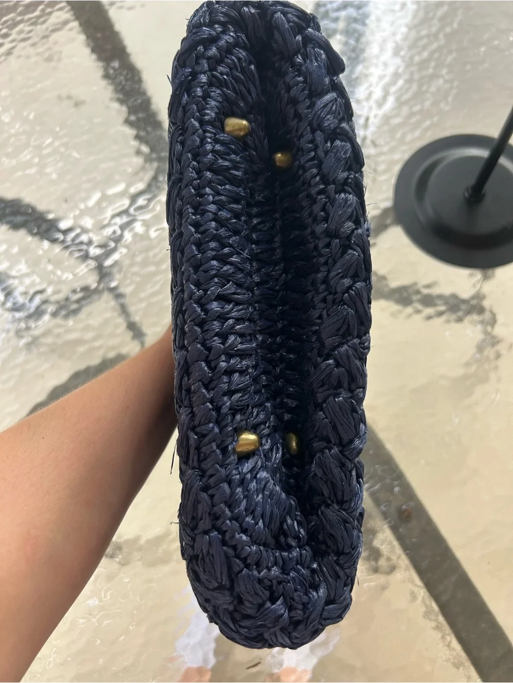 Navy Blue Woven Raffia Kiss Lock Top Handle Handbag Coastal Summer Purse